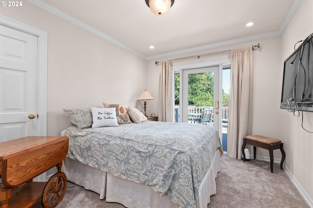 carpeted bedroom with crown molding and access to outside