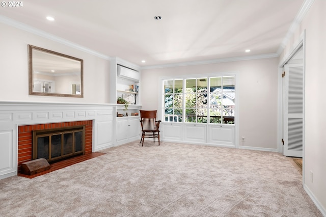 living area featuring a wall mounted air conditioner, ornamental molding, a brick fireplace, and light carpet