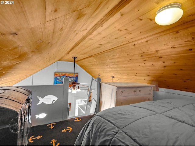 314 4th Ave, Seaside, OR 97138 - bedroom with wood ceiling, carpet flooring, vaulted ceiling, and wood walls