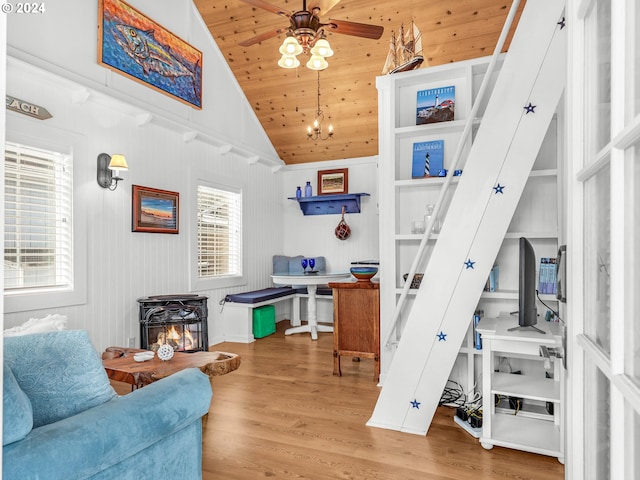 interior space featuring wood ceiling, wood-type flooring, vaulted ceiling, and a wealth of natural light