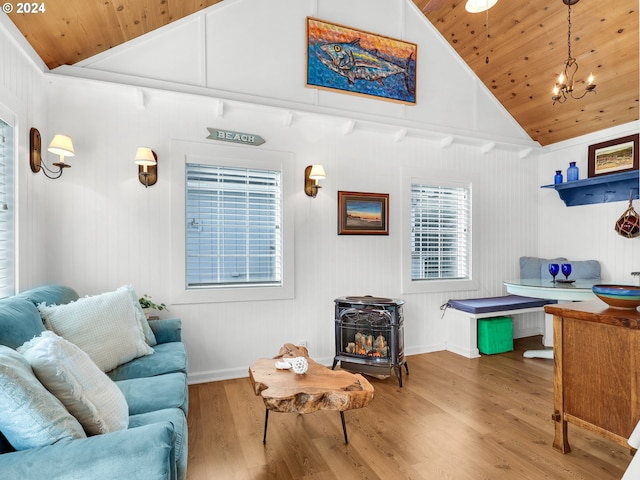 living room with wood ceiling, high vaulted ceiling, wood-type flooring, and a wood stove