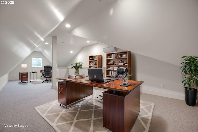 office with recessed lighting, baseboards, light carpet, and vaulted ceiling