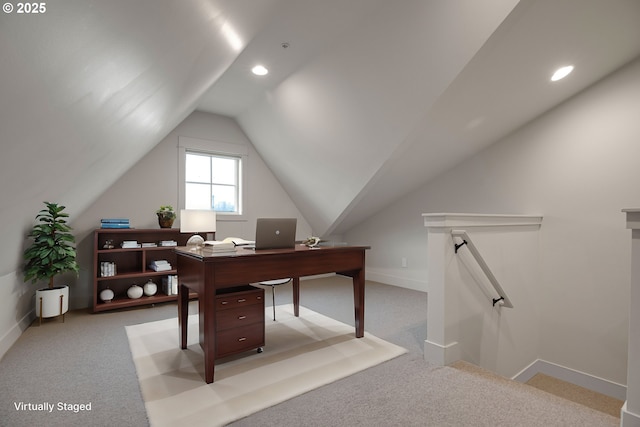 office with vaulted ceiling, recessed lighting, light colored carpet, and baseboards