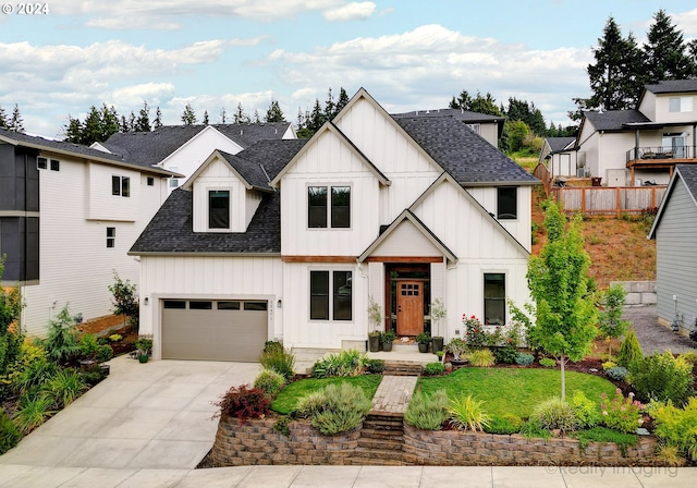 modern farmhouse style home with a garage