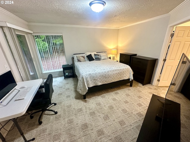 146 28th St, Long Beach, WA 98631 - bedroom with a textured ceiling, an office area, crown molding, and light colored carpet