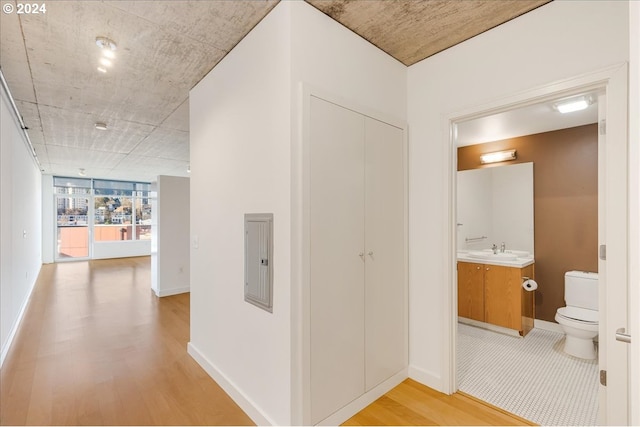 hall with expansive windows, sink, and light hardwood / wood-style flooring