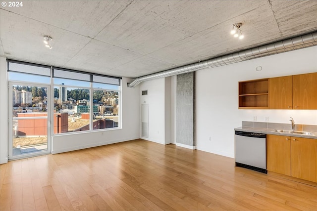 kitchen with stainless steel dishwasher, light wood-type flooring, and sink