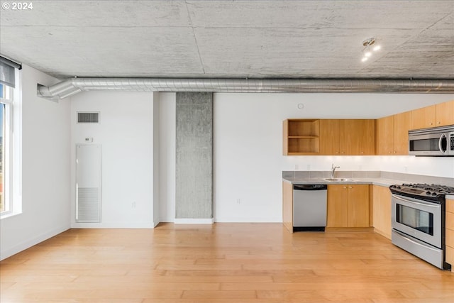 kitchen with a healthy amount of sunlight, sink, light hardwood / wood-style floors, and stainless steel appliances