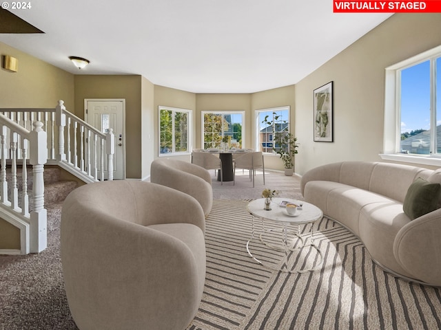 living room featuring dark carpet