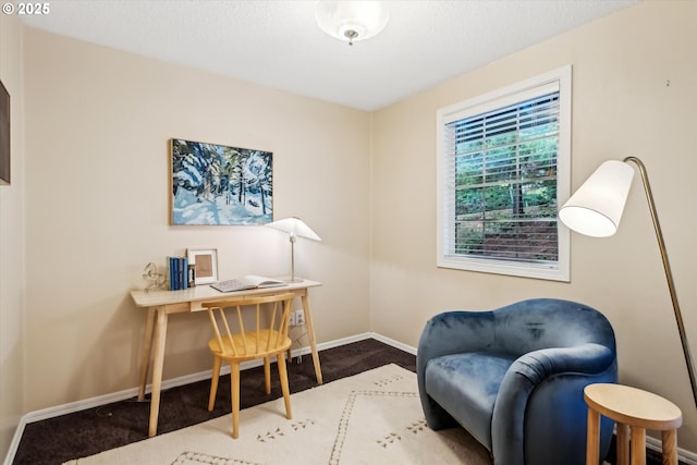 carpeted office space with a textured ceiling and baseboards