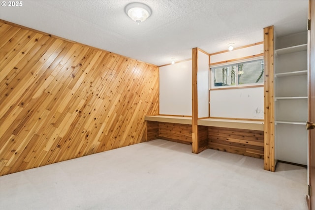 basement with carpet, wooden walls, and a textured ceiling