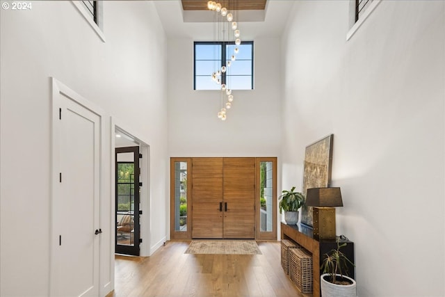 foyer entrance with a towering ceiling and light hardwood / wood-style flooring