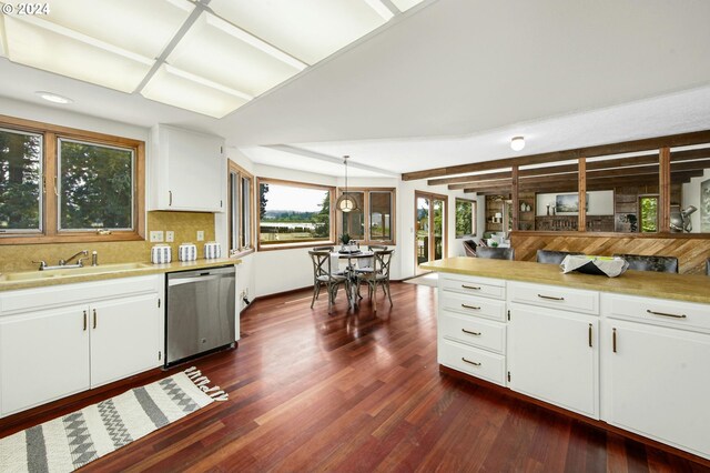 kitchen with backsplash, sink, stainless steel dishwasher, dark hardwood / wood-style floors, and white cabinetry