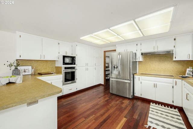 kitchen with white cabinetry, dark hardwood / wood-style floors, decorative backsplash, and black appliances