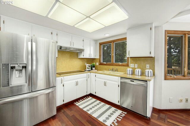 kitchen featuring backsplash, sink, dark hardwood / wood-style flooring, appliances with stainless steel finishes, and white cabinetry