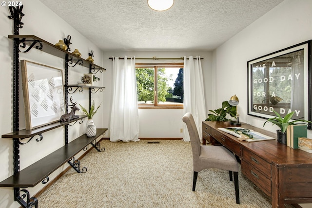 carpeted office space with a textured ceiling