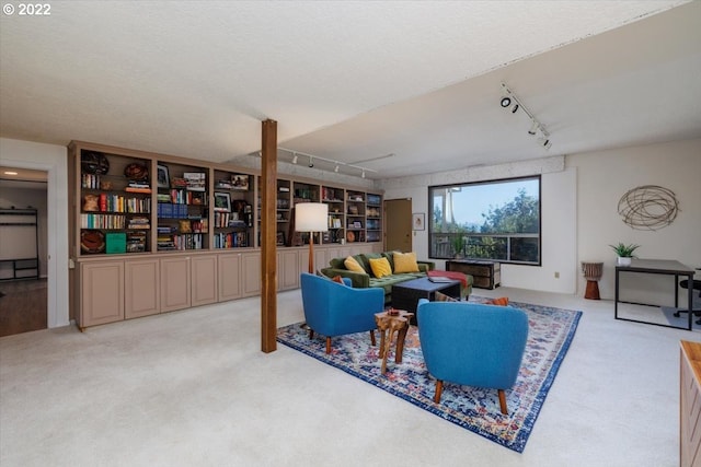 carpeted living room with a textured ceiling and rail lighting