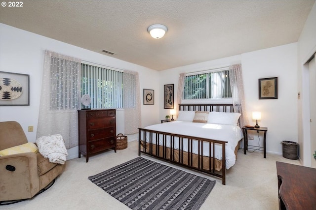 bedroom featuring a textured ceiling, carpet floors, and multiple windows