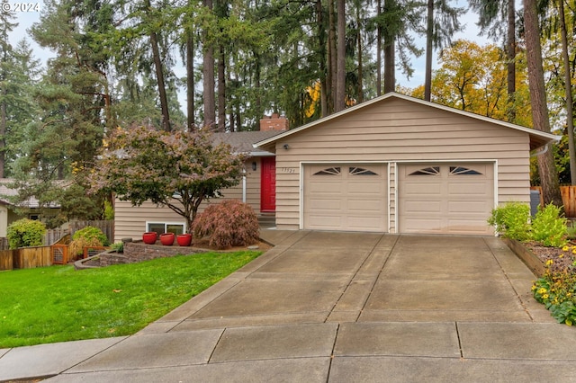 13525 SW Fircrest Ct, Beaverton, OR 97008 - view of front of property featuring a chimney, a front yard, driveway, and a shingled roof