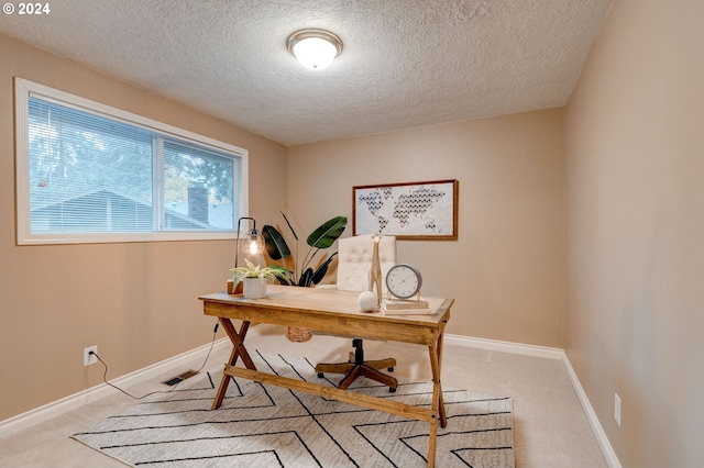 office featuring light colored carpet and a textured ceiling