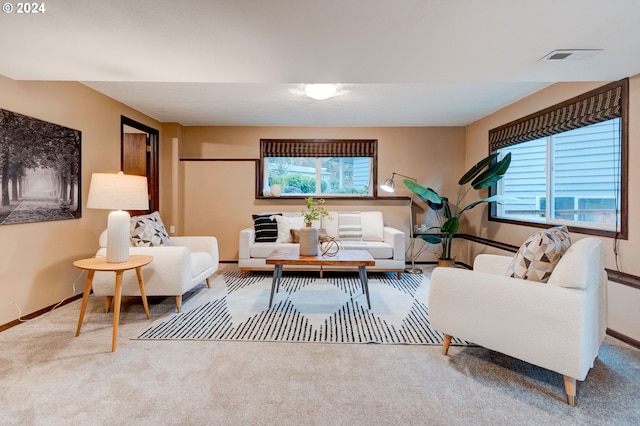 carpeted living room featuring a healthy amount of sunlight