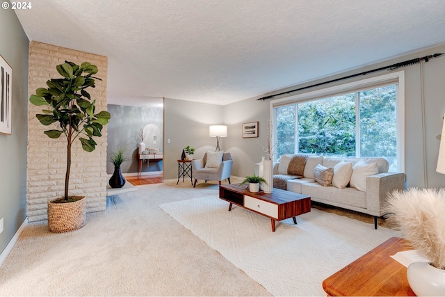 carpeted living room with a textured ceiling