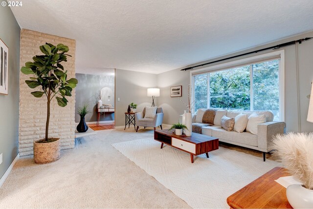 13525 SW Fircrest Ct, Beaverton, OR 97008 - carpeted living room featuring baseboards and a textured ceiling