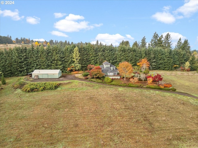 view of yard with a garage and a rural view