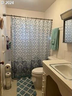 bathroom featuring vanity, toilet, and a shower with shower curtain