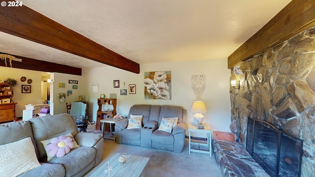 living room featuring carpet floors, beam ceiling, and a fireplace