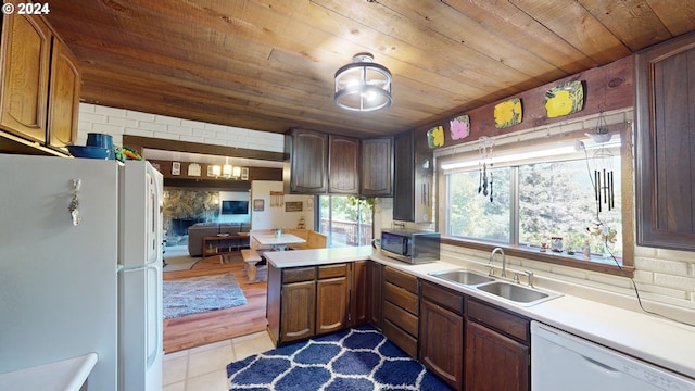 kitchen featuring sink, wood ceiling, light hardwood / wood-style flooring, and white appliances