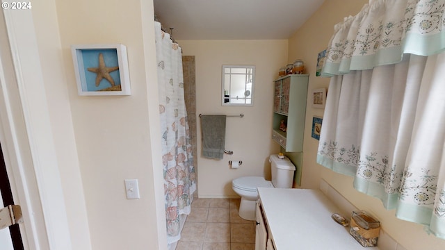 bathroom featuring tile patterned flooring, toilet, and vanity