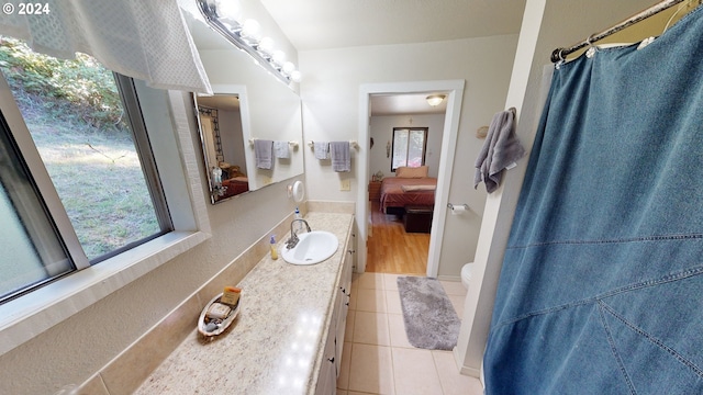 bathroom with tile patterned flooring, vanity, and a healthy amount of sunlight