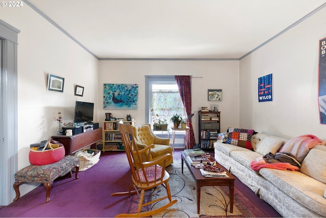 carpeted living room with ornamental molding