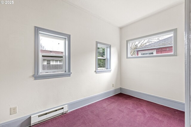 carpeted living room with ornamental molding and baseboard heating