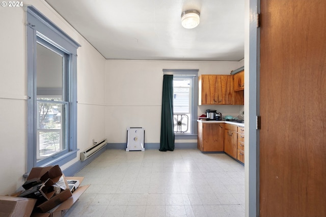 kitchen featuring a baseboard radiator and built in desk