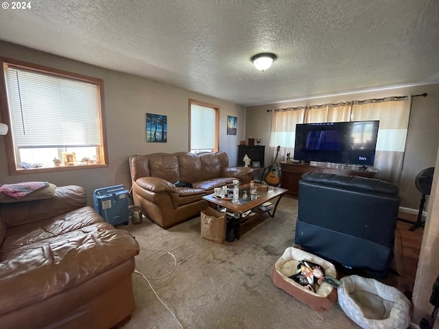 carpeted living room featuring a textured ceiling