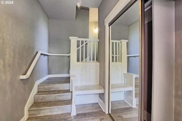 stairway with hardwood / wood-style floors