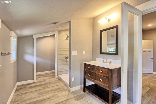 bathroom with walk in shower, vanity, and hardwood / wood-style floors