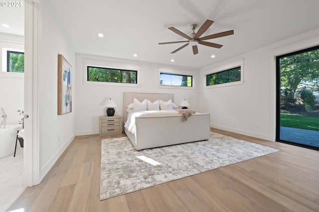 bedroom with baseboards, ceiling fan, access to outside, light wood-type flooring, and recessed lighting