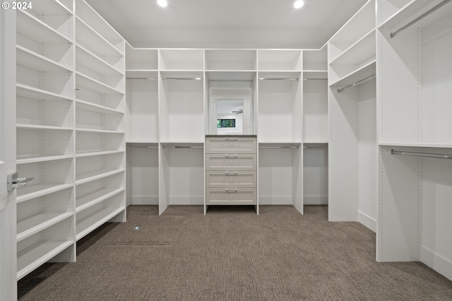 spacious closet featuring dark carpet