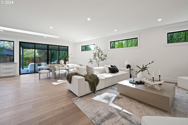 living room with plenty of natural light and light hardwood / wood-style flooring