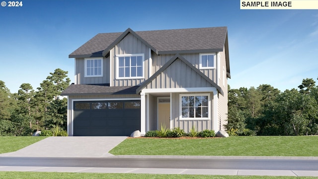 view of front of home with a garage, a front lawn, and board and batten siding