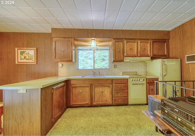 kitchen with light carpet, wood walls, white appliances, and sink