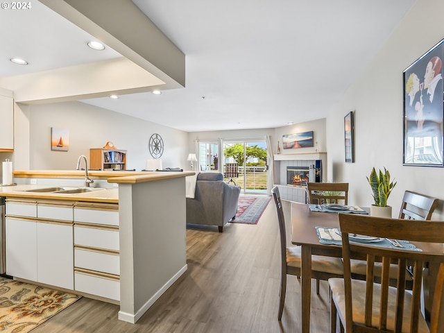 kitchen featuring a fireplace, hardwood / wood-style flooring, and sink