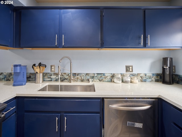 kitchen with sink, blue cabinetry, and dishwasher