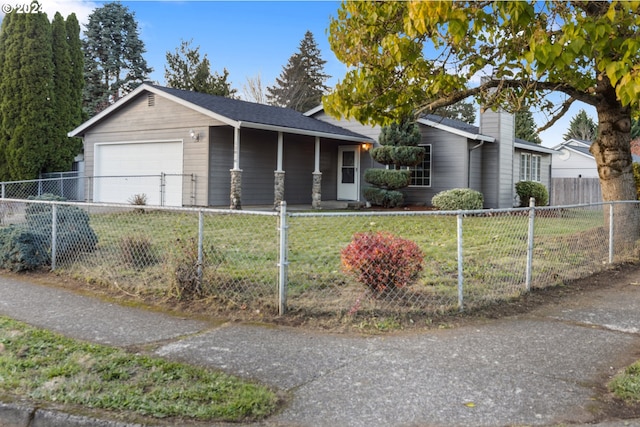 single story home with a front yard and a garage