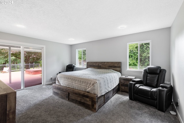 carpeted bedroom with a textured ceiling, access to outside, and multiple windows