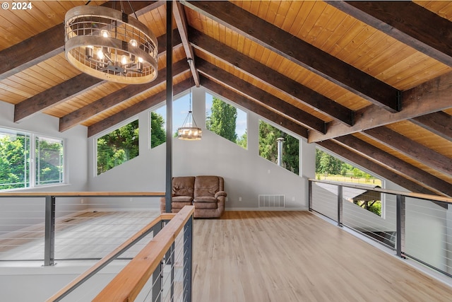 interior space with an inviting chandelier, beam ceiling, hardwood / wood-style flooring, and wooden ceiling