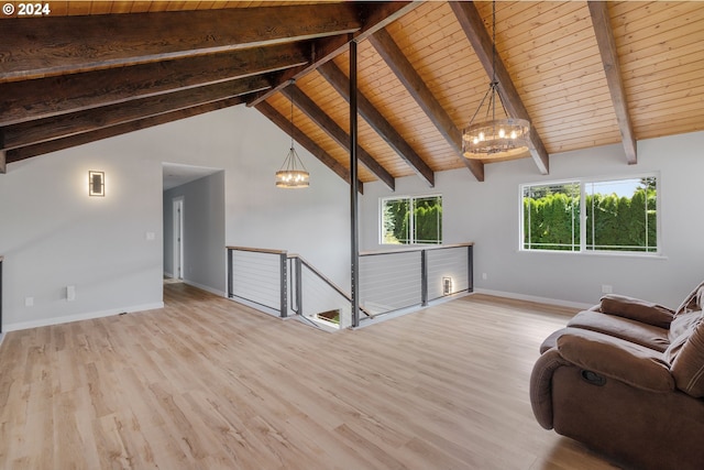 unfurnished living room with wooden ceiling, light hardwood / wood-style flooring, a notable chandelier, and vaulted ceiling with beams